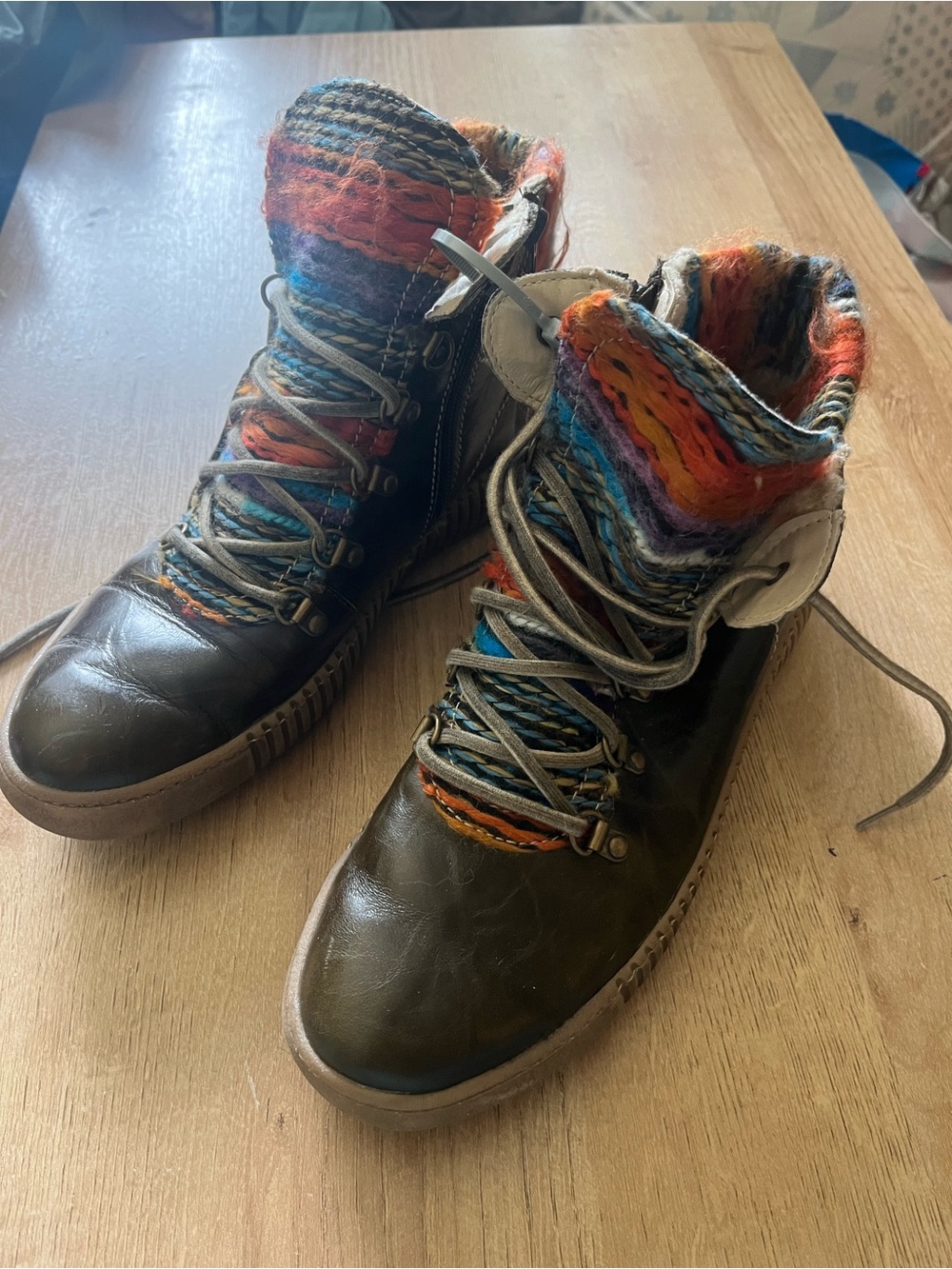 Josef Seibel Brown Lace-Up Boots with Multicolor Knit Cuff